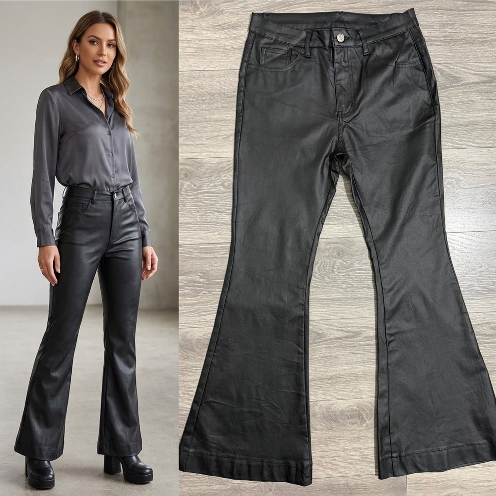 Black Faux Leather Pants 28x30 High Rise Flare Bell Bottom Women Whimsigoth Edgy